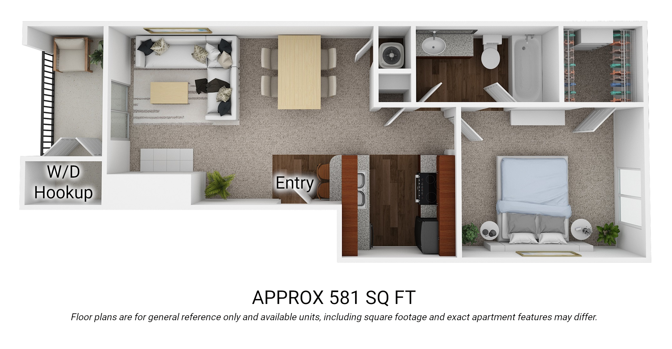 Floor plan for 1 bed, 1 bath, 581 sqft